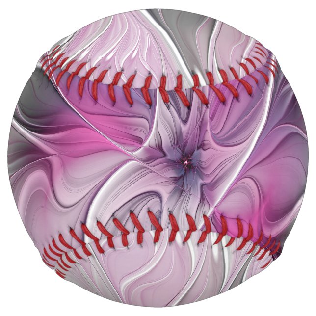 Balle De Softball Floral Fractal moderne Fleur Abstraite rose gris (Devant)