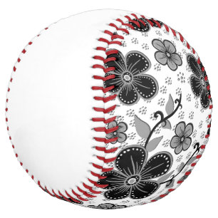 Balle De Softball Impression florale noire et blanche
