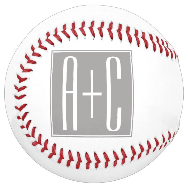 Balle De Softball Initiales de couple modifiables | Blanc et gris (Devant gauche)
