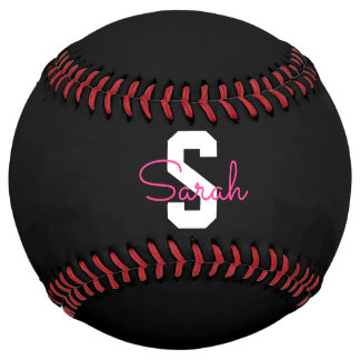 Balle De Softball Joli nom et monogramme | Noir Blanc et Rose