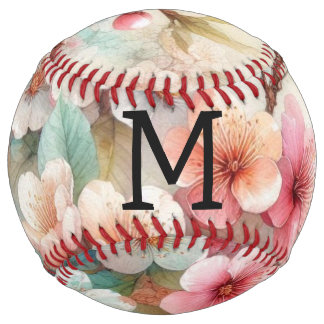 Balle De Softball Monogramme aquarelle florale roses cerisiers en fl