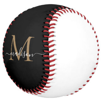 Balle De Softball Monogramme d'or noir fille Élégant Script moderne