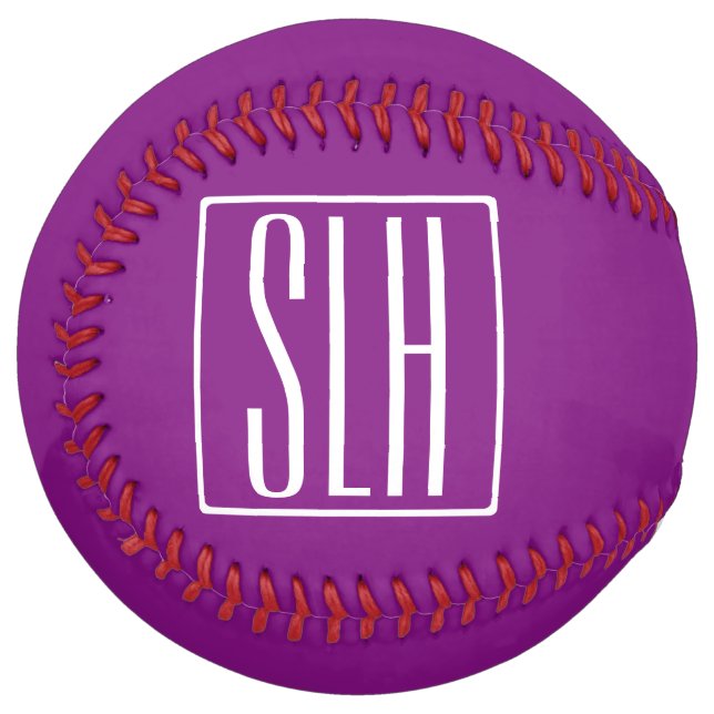 Balle De Softball Monogramme initiales 3 Modernes Gras | Blanc & Vio (Devant gauche)