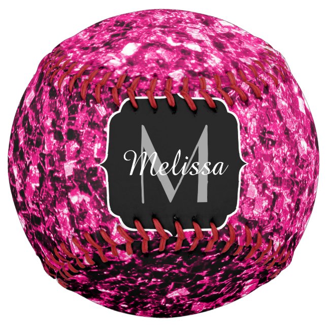 Balle De Softball Monogramme nom scintillement paillettes rose chaud (Devant)