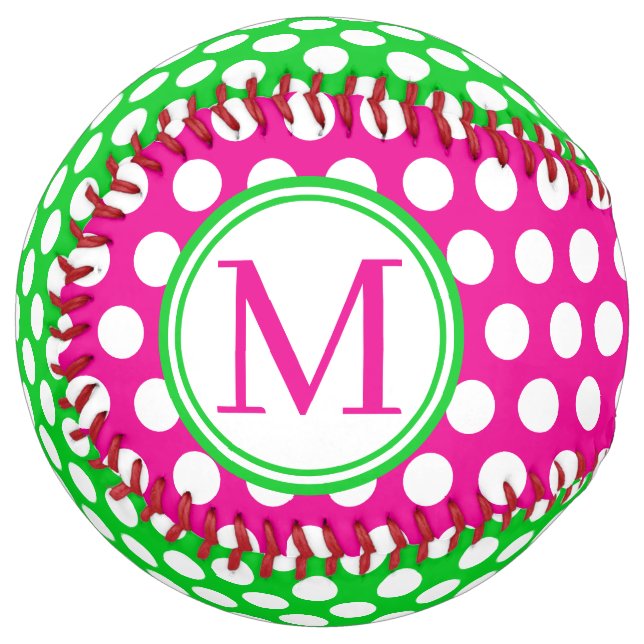 Balle De Softball Monogramme Rose Vert et Blanc à Points Polka Prepp (Devant gauche)