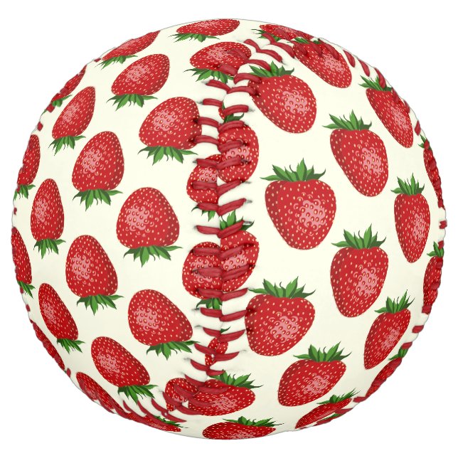 Balle De Softball Motif Fraise, Fraises Rouges, Fruit, Feuille (Incliné)