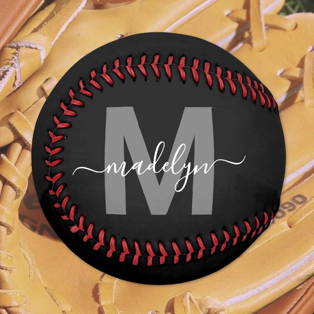 Balle De Softball Noir Blanc Monogramme Nom (Black White Name Monogram Softball)