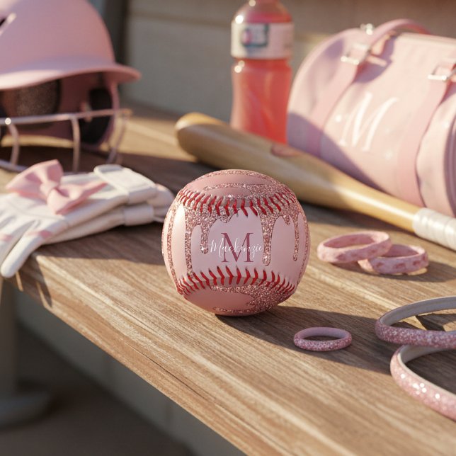 Balle De Softball Parties scintillant de goutte d'or Rose fillette M (Girly Glam Rose Gold Dripping Glitter Monogram Softball)