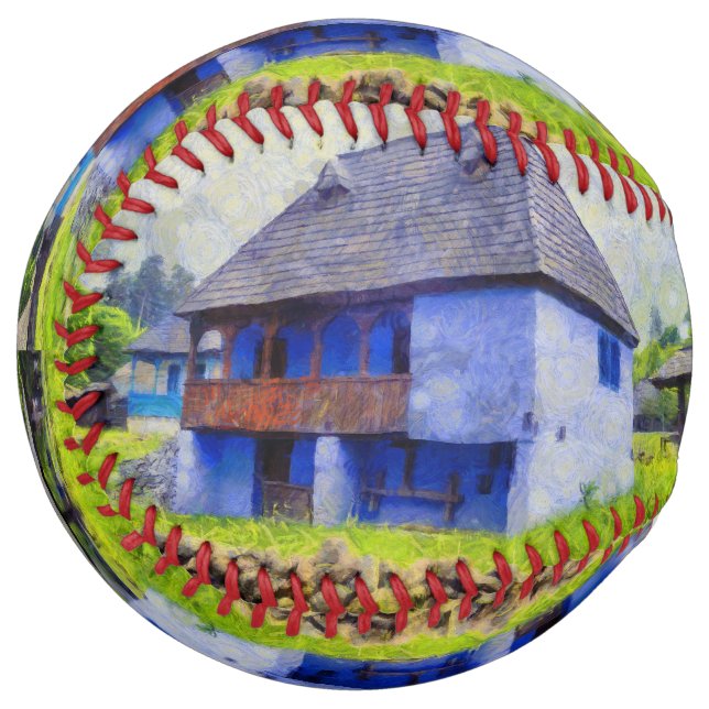 Balle De Softball Peinture de maison bleue (Devant gauche)