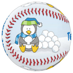 Balle De Softball Petit pingouin assis avec boules de neige softball