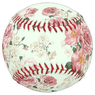 Balle De Softball Rose sur Vert Vintage Floral