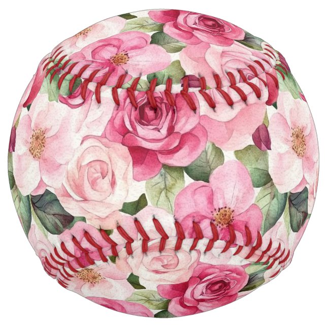Balle De Softball Roses Blush Roses Feuilles Vertes (Devant)