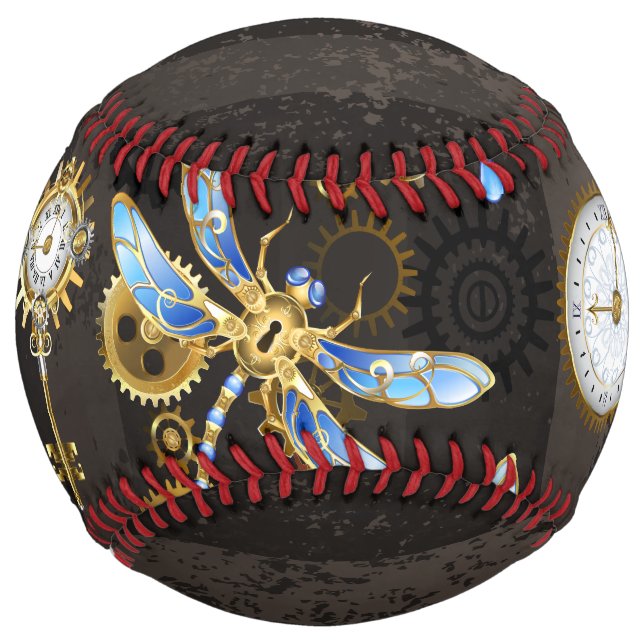Balle De Softball Steampunk Dragonflies on brown striped background (Devant)