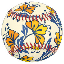 Vintage Yellow Orange Folk Floral Blue Leaf