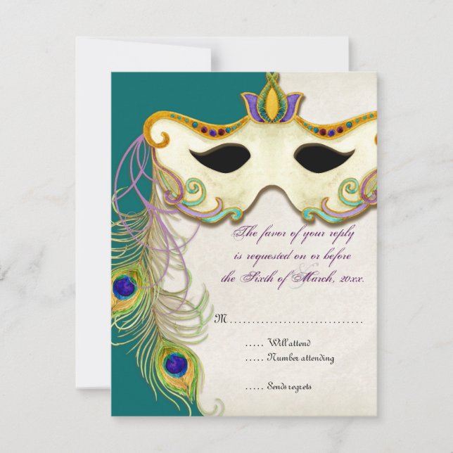 Balle Mascarade Peacock - Carte de réponse RSVP (Devant)