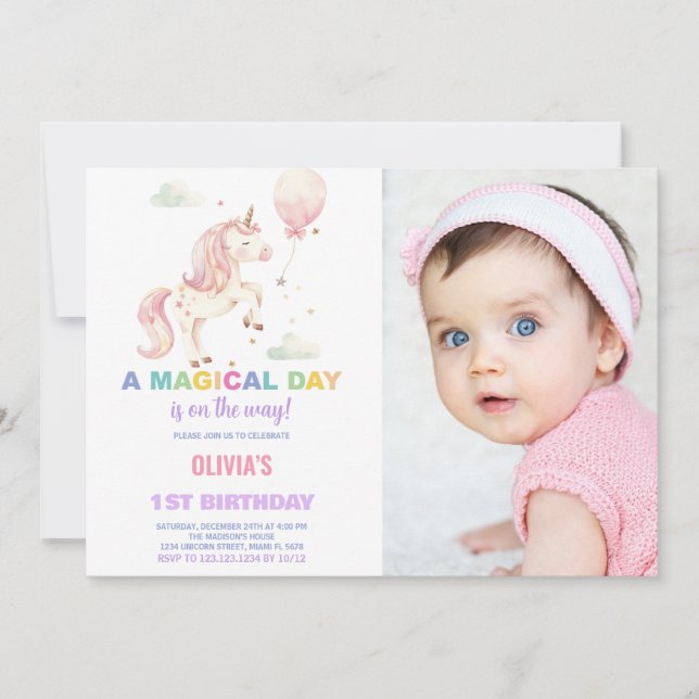 Balle rose Unicorne Invitations Anniversaire avec  (Devant)