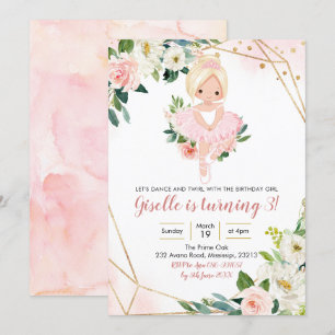 Ballerina Blonde Girl rose or Floral Invitation