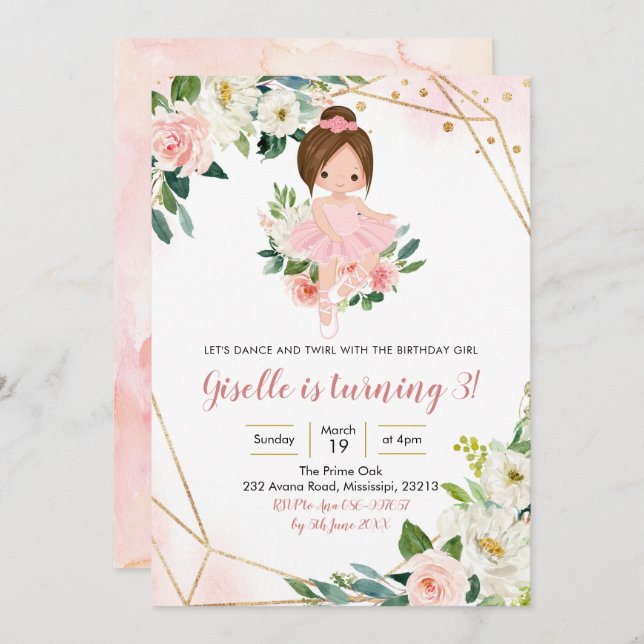 Ballerina Blonde Girl rose or Floral Invitation (Devant / Derrière)