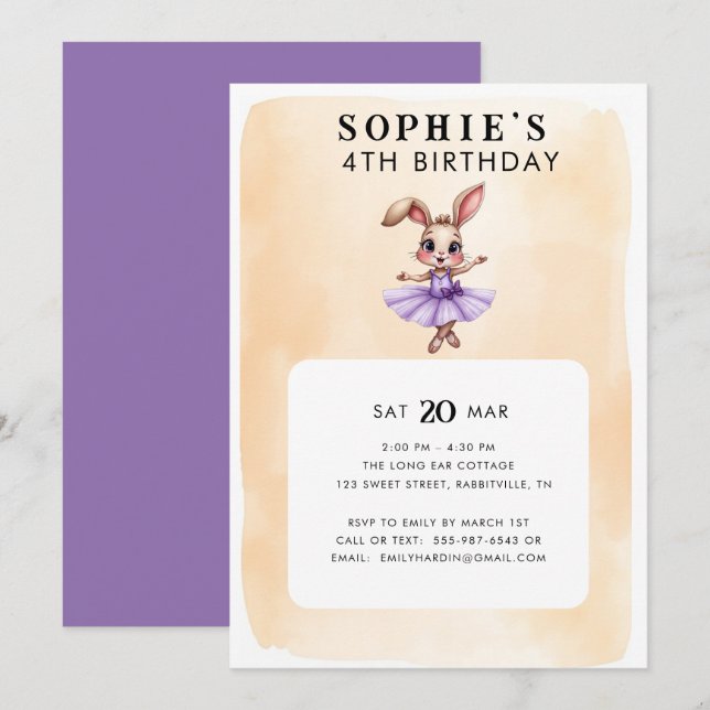 Ballerina Bunny Thème Anniversaire Fête Invitation (Devant / Derrière)