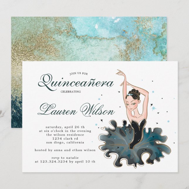 Ballerina émeraude et or Quinceanera Invitation (Devant / Derrière)