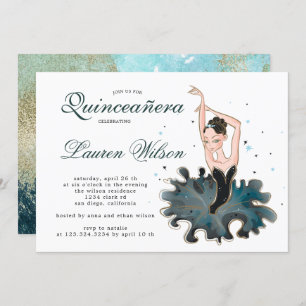 Ballerina émeraude et or Quinceanera Invitation