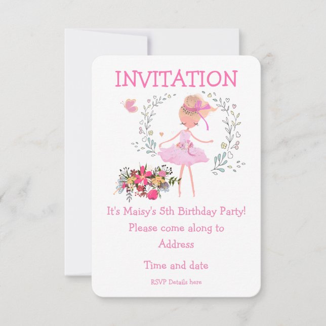 Ballerina et Floral Design Invitation d'anniversai (Devant)