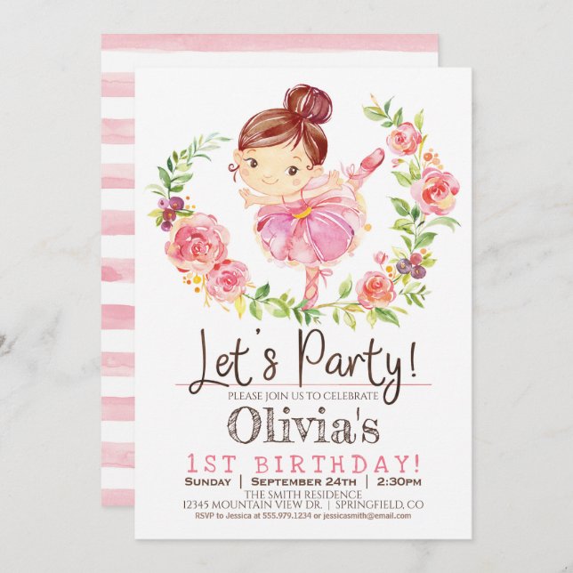 Ballerina Girl Rose Anniversaire Invitation (Devant / Derrière)