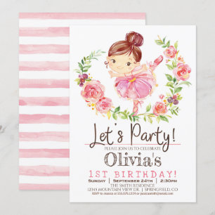 Ballerina Girl Rose Anniversaire Invitation