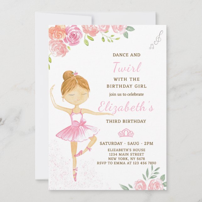 Ballerina rose mignonne Invitation Anniversaire (Devant)