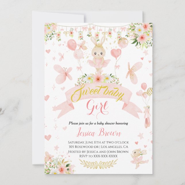 Ballerina rose mignonne invitation baby shower (Devant)