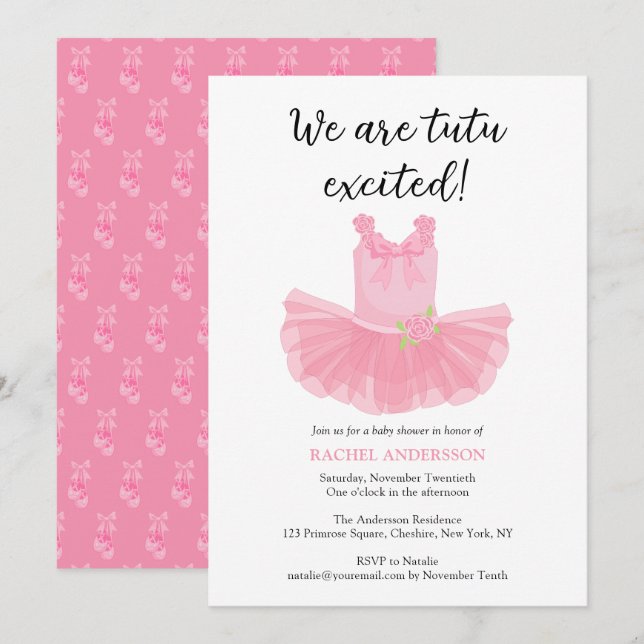 Ballerina Tutu Baby shower rose Invitation (Devant / Derrière)