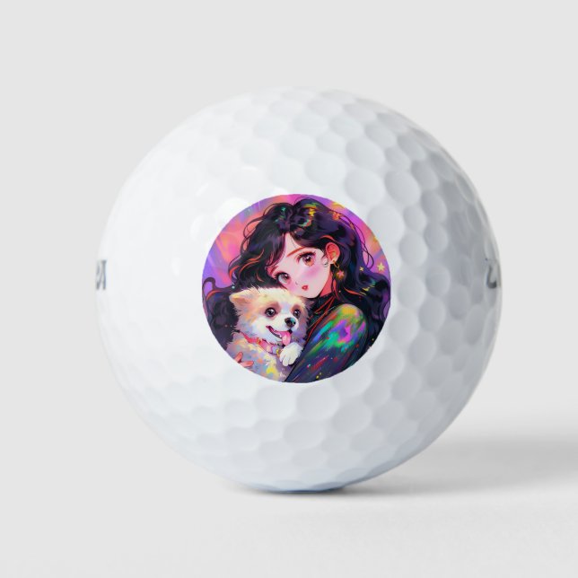 Balles De Golf Adorable Fille d'Anime Rétro & Son Chien (Devant)