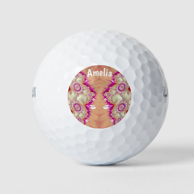 Balles De Golf AMELIA ~ Crème rouge rose Design fractal ~ (Devant)