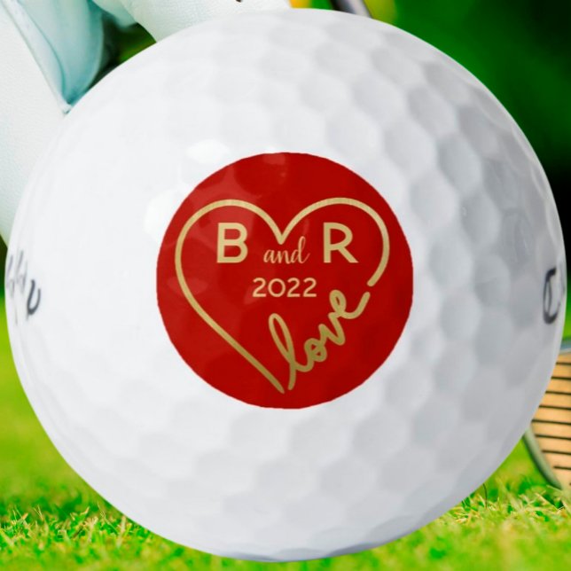 Balles De Golf Amour du coeur Monogrammes/Initiales Année (Créateur téléchargé)