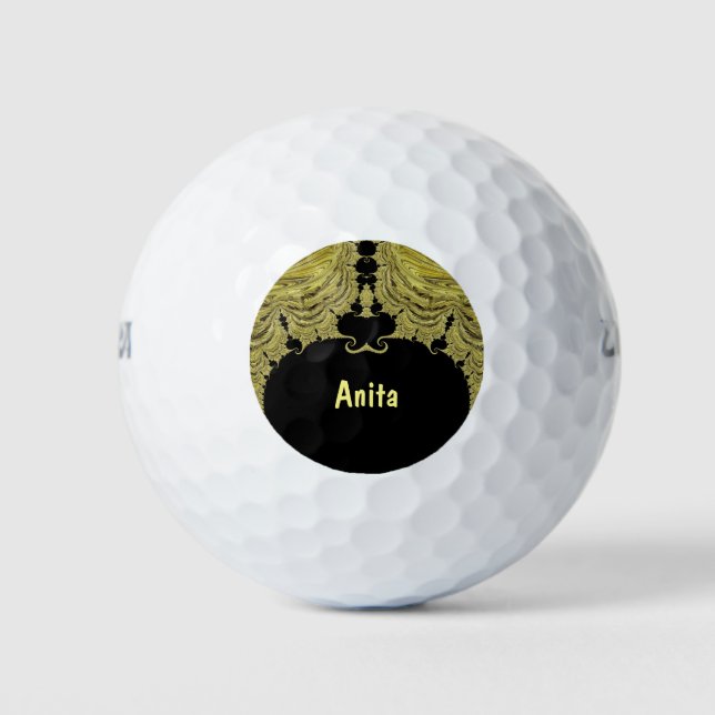 Balles De Golf ANITA ~ OR ET NOIR Design fractal ~ Unique (Devant)