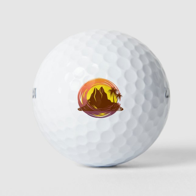 Balles De Golf Badge avec paysage volcanique tropical et palmiers (Devant)