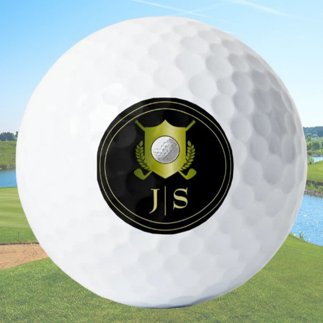 Balles De Golf Blason Monogrammé Moderne Élégant Noir et Or (Créateur téléchargé)