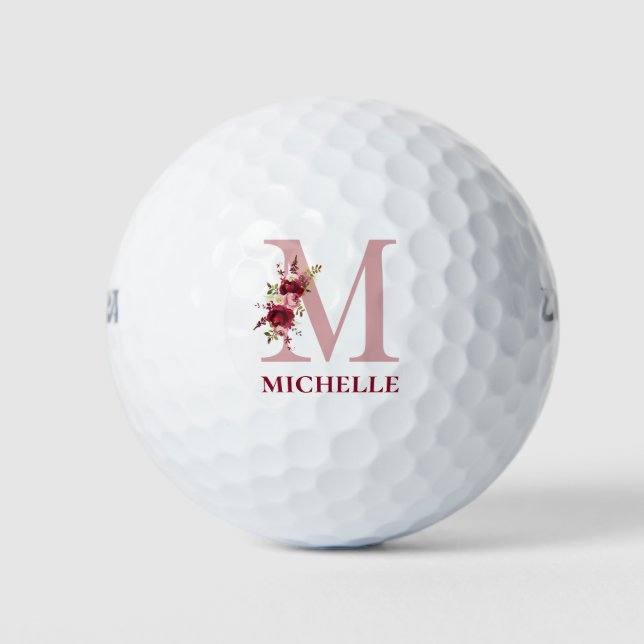 Balles De Golf Blush Rose Floral Initiale M Monogramme (Devant)