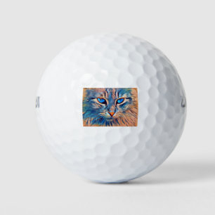 Balles De Golf Chat Face Orange Bleu Animal Feline Meow Regarder
