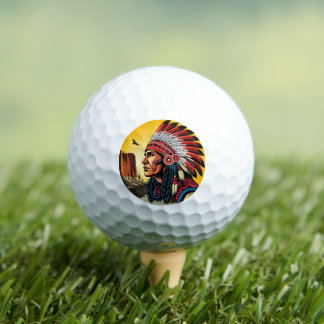 Balles De Golf Chef amérindien sur paysage sauvage coucher de sol
