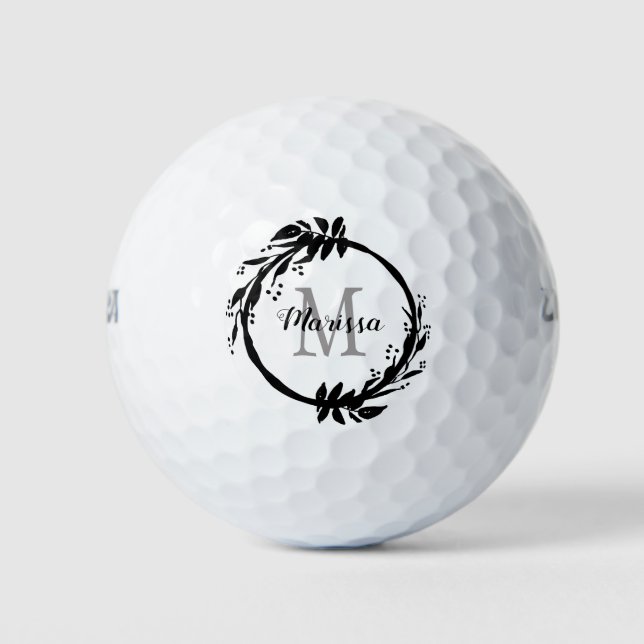 Balles De Golf Chic Girl Noir & Blanc Monogramme Nom Wreath (Devant)
