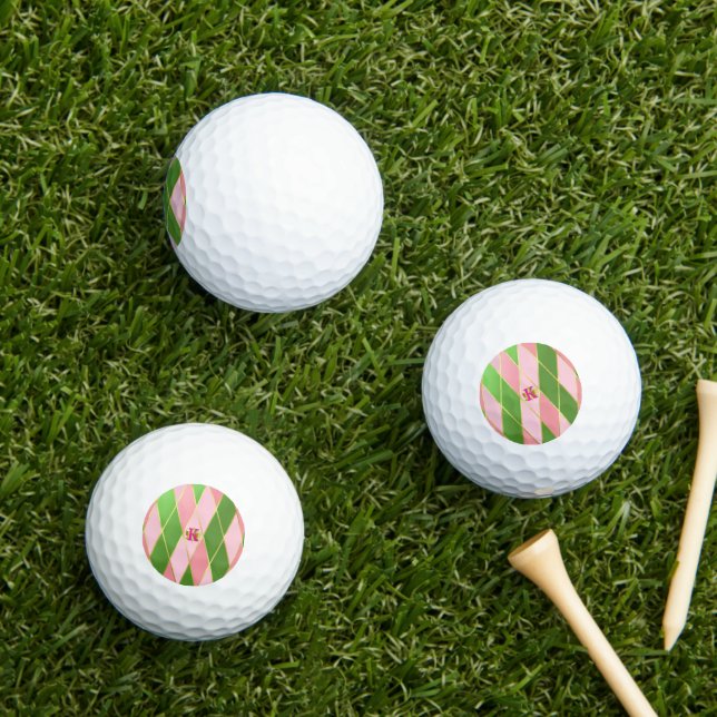 Balles De Golf Chic rose et Jacquard vert Monogramme (Herbe in situ)