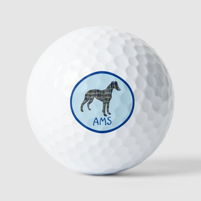 Balles De Golf Chien gris blanc Silhouette Monogramme Grille Bleu (Recto)