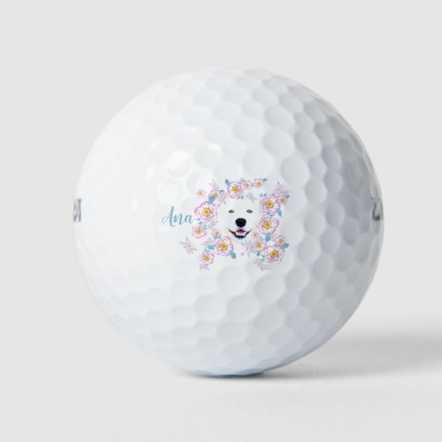 Balles De Golf Chien Samoyed et fleurs roses customisées (Devant)