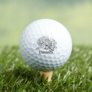Balles De Golf Chrysanthème Dessin au trait noir avec votre nom