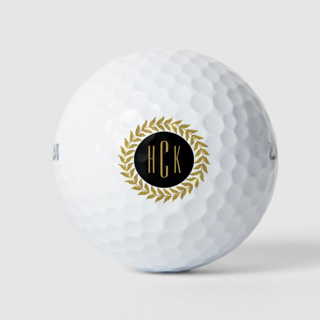 Balles De Golf Couronne de strass dorée monogrammée Cercle noir (Devant)