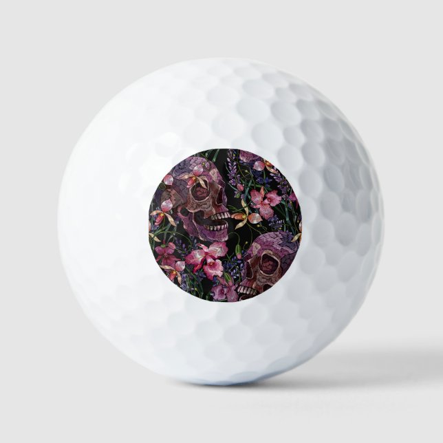 Balles De Golf Crâne brodé : Motif gothique de l'orchidée (Recto)