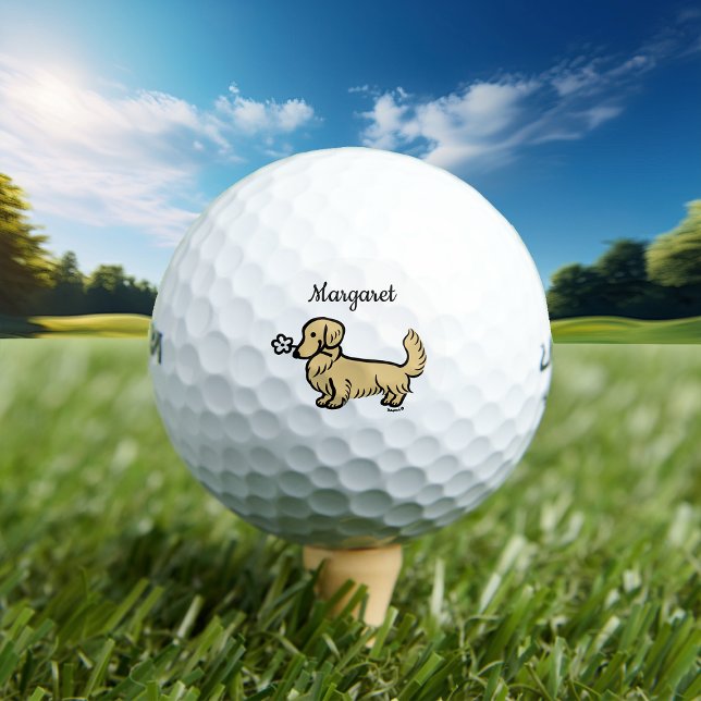 Balles De Golf Crème personnalisée Long Haired Dachshund (Cream Long Haired Dachshund Tiny Flower Golf Balls for Doxie owners.  Cute Dog Cartoon Design.)