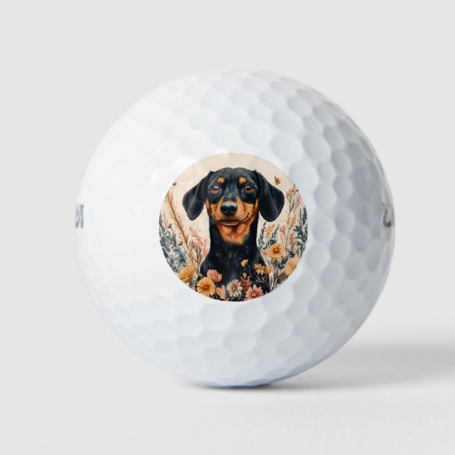Balles De Golf Cute Dachshund avec peinture Fleur sauvage (Devant)