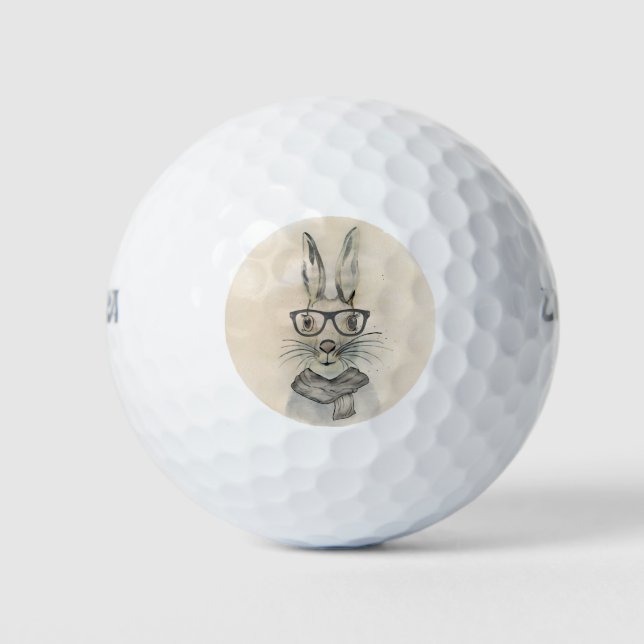 Balles De Golf Cute drôle d'aquarelle lapin avec lunettes et écha (Devant)